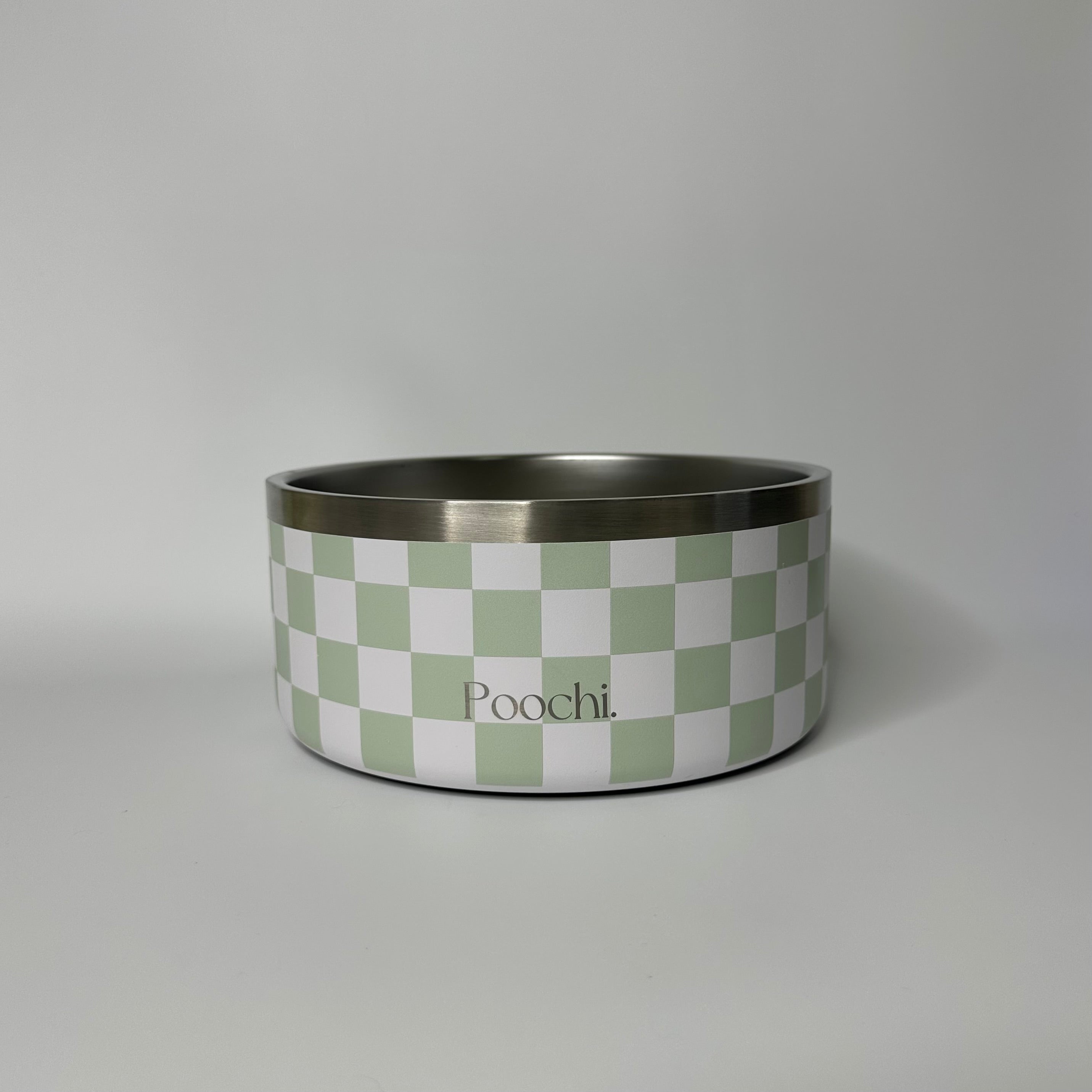 A large stainless steel checkered bowl in sage green and white, with a non-slip ring at the base, branded with 'Poochi'.