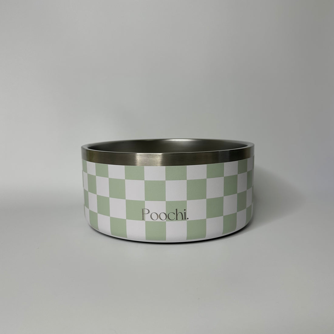 A large stainless steel checkered bowl in sage green and white, with a non-slip ring at the base, branded with 'Poochi'.