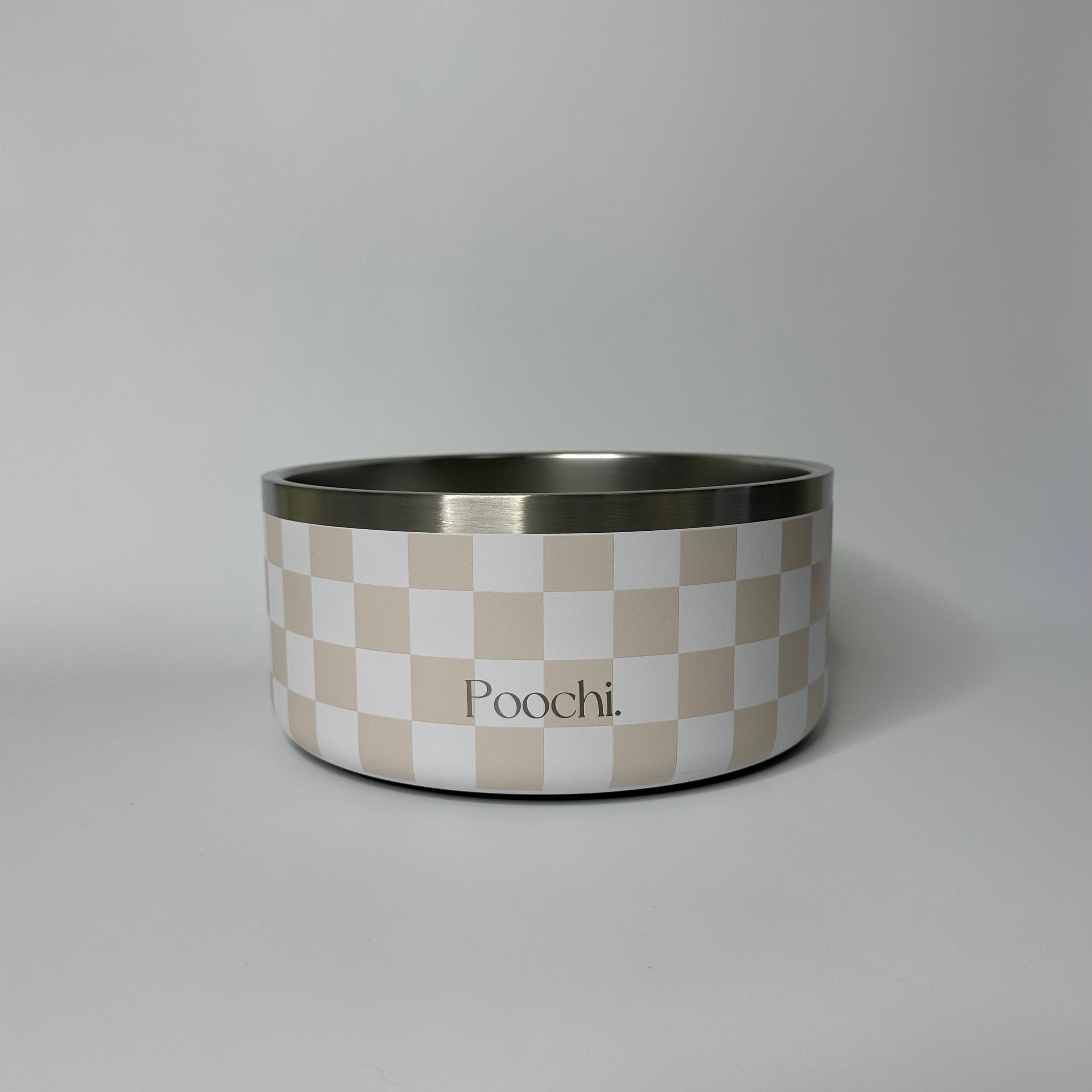 A large stainless steel checkered bowl in beige and white, with a non-slip ring at the base, branded with 'Poochi'.
