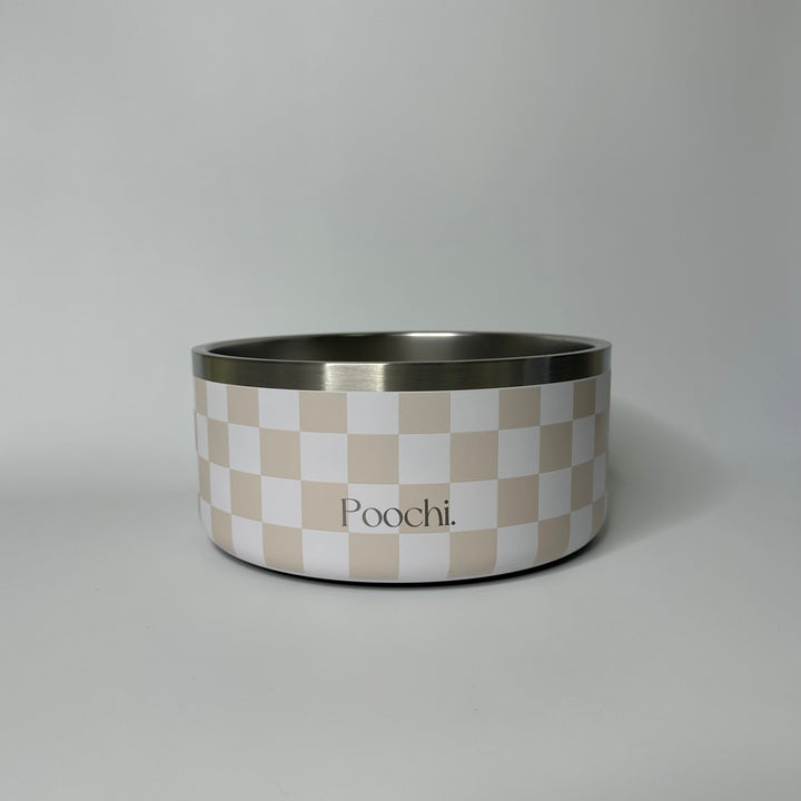 A large stainless steel checkered bowl in beige and white, with a non-slip ring at the base, branded with 'Poochi'.