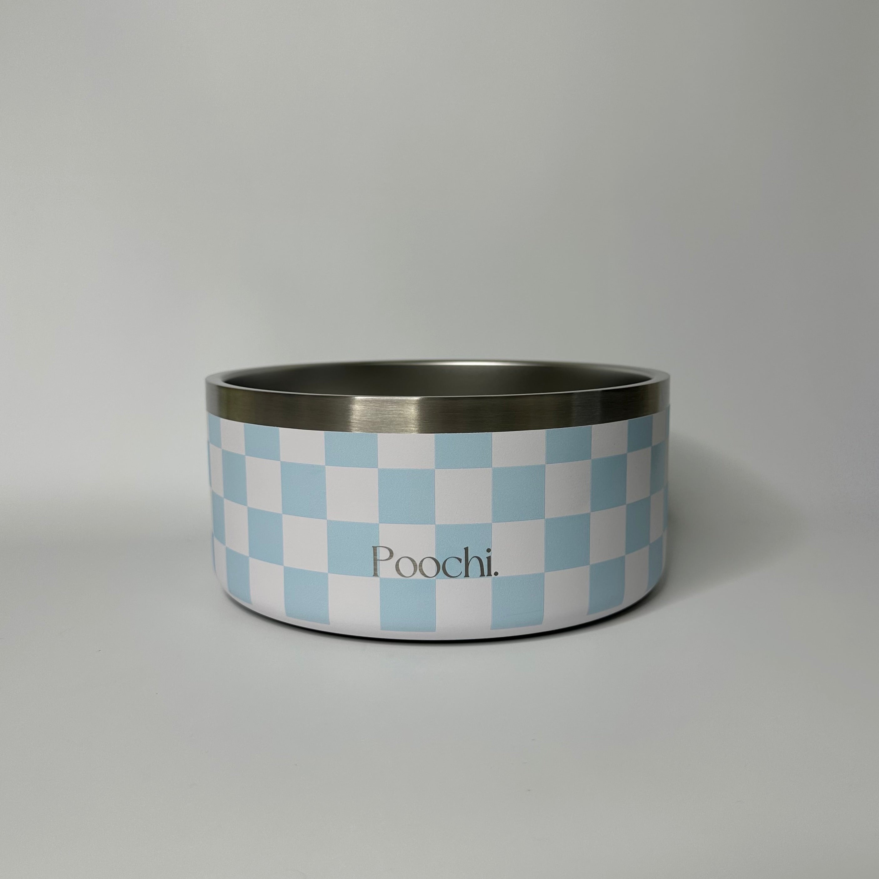 A large stainless steel checkered bowl in blue and white, with a non-slip ring at the base, branded with 'Poochi'.