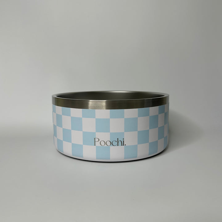 A large stainless steel checkered bowl in blue and white, with a non-slip ring at the base, branded with 'Poochi'.