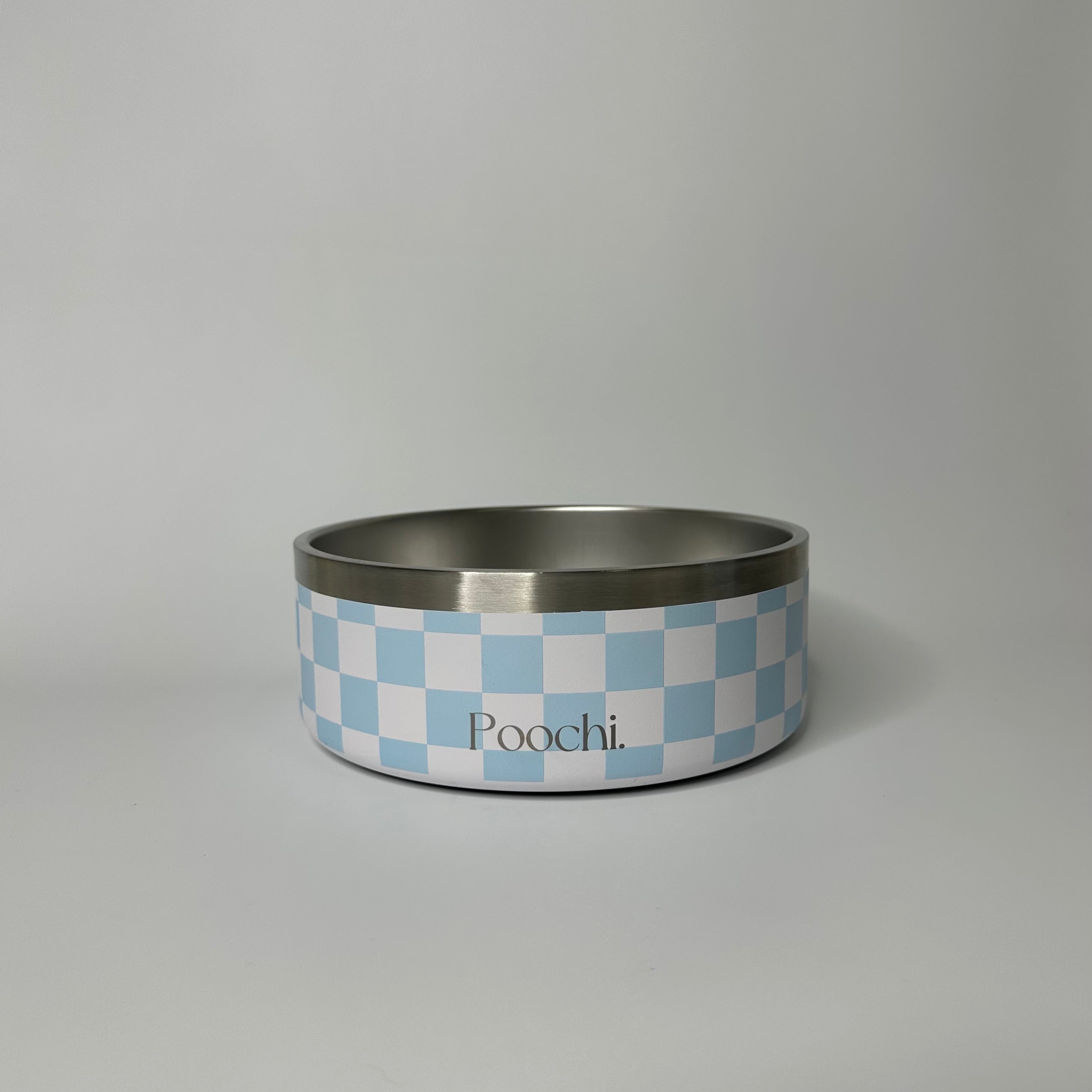 A medium-sized stainless steel checkered bowl in blue and white, with a non-slip ring at the base, branded with 'Poochi'.