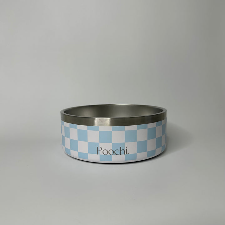 A medium-sized stainless steel checkered bowl in blue and white, with a non-slip ring at the base, branded with 'Poochi'.