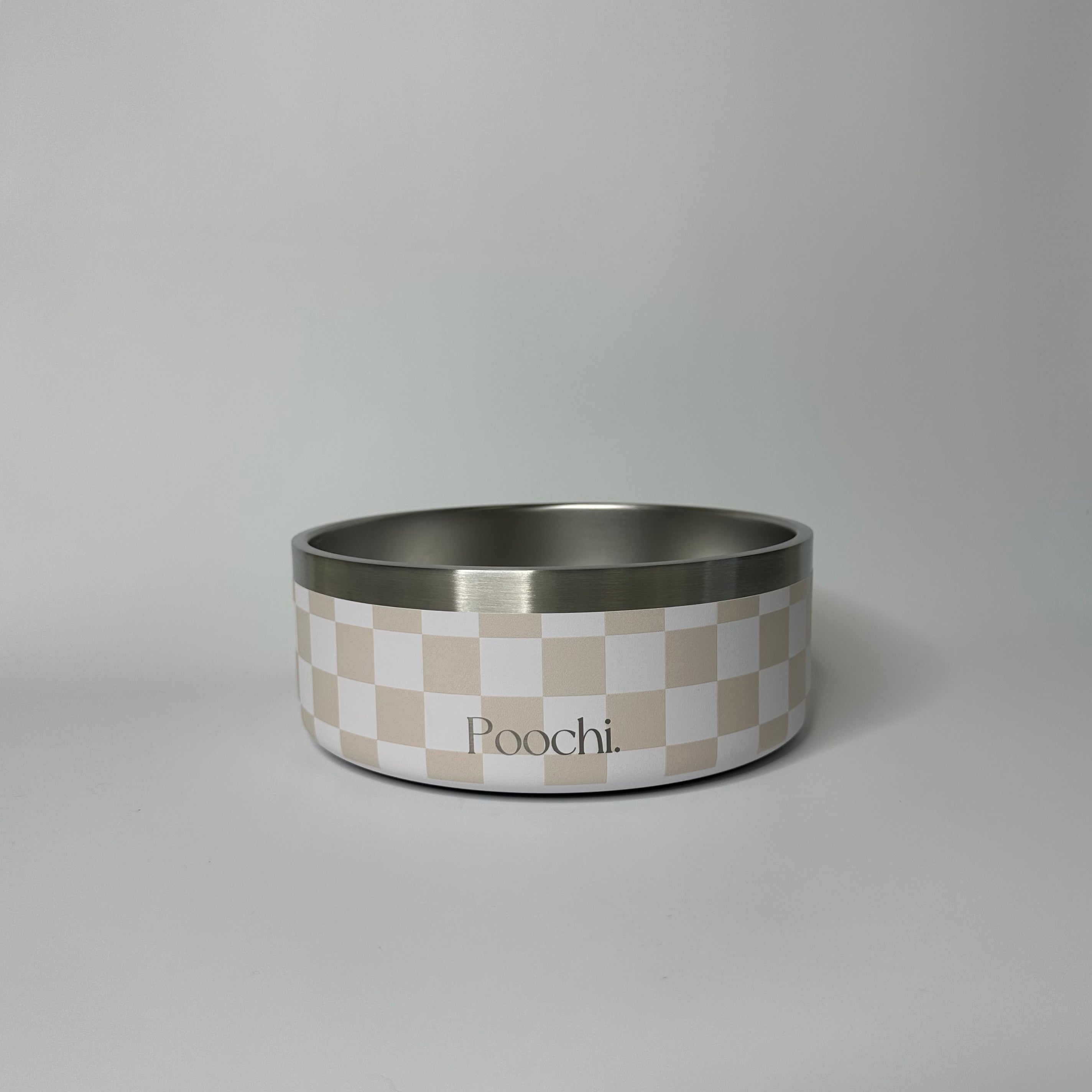 A medium-sized stainless steel checkered bowl in beige and white, with a non-slip ring at the base, branded with 'Poochi'.