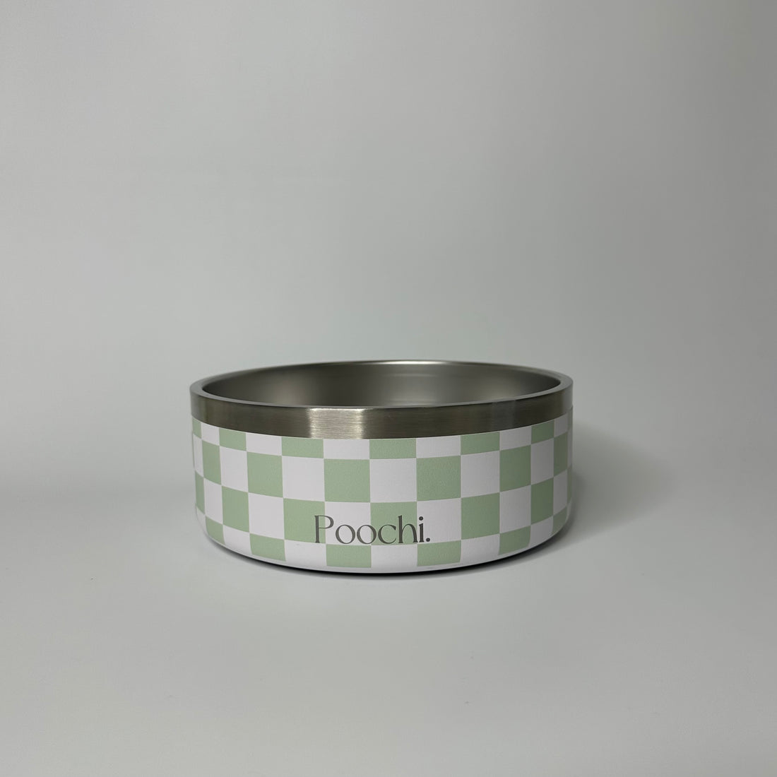A medium-sized stainless steel checkered bowl in sage green and white, with a non-slip ring at the base, branded with 'Poochi'.