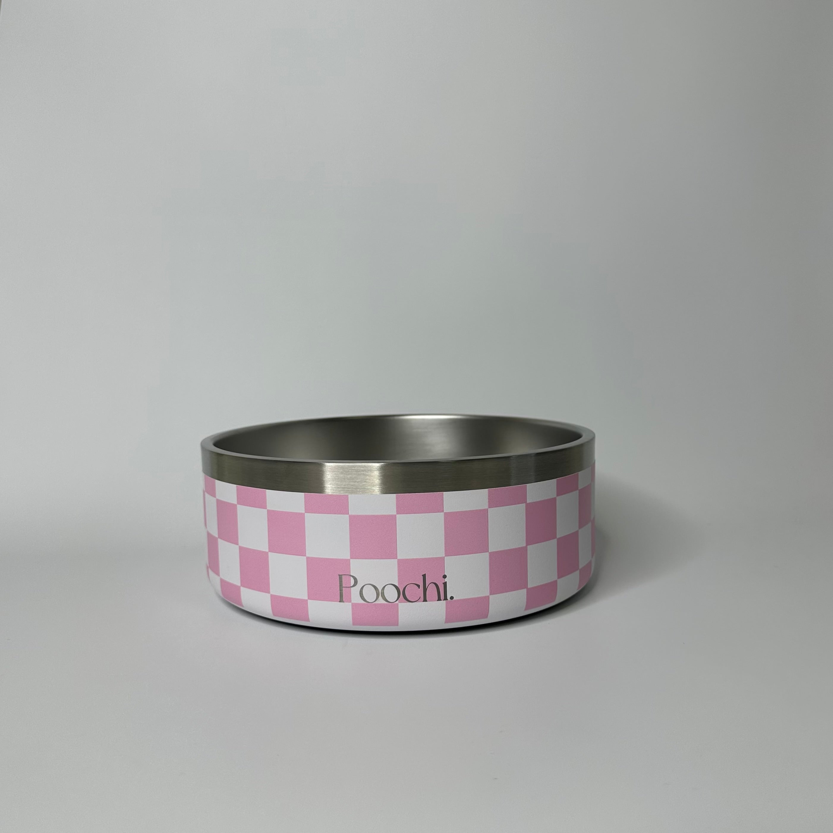 A medium-sized stainless steel checkered bowl in pink and white, with a non-slip ring at the base, branded with 'Poochi'.