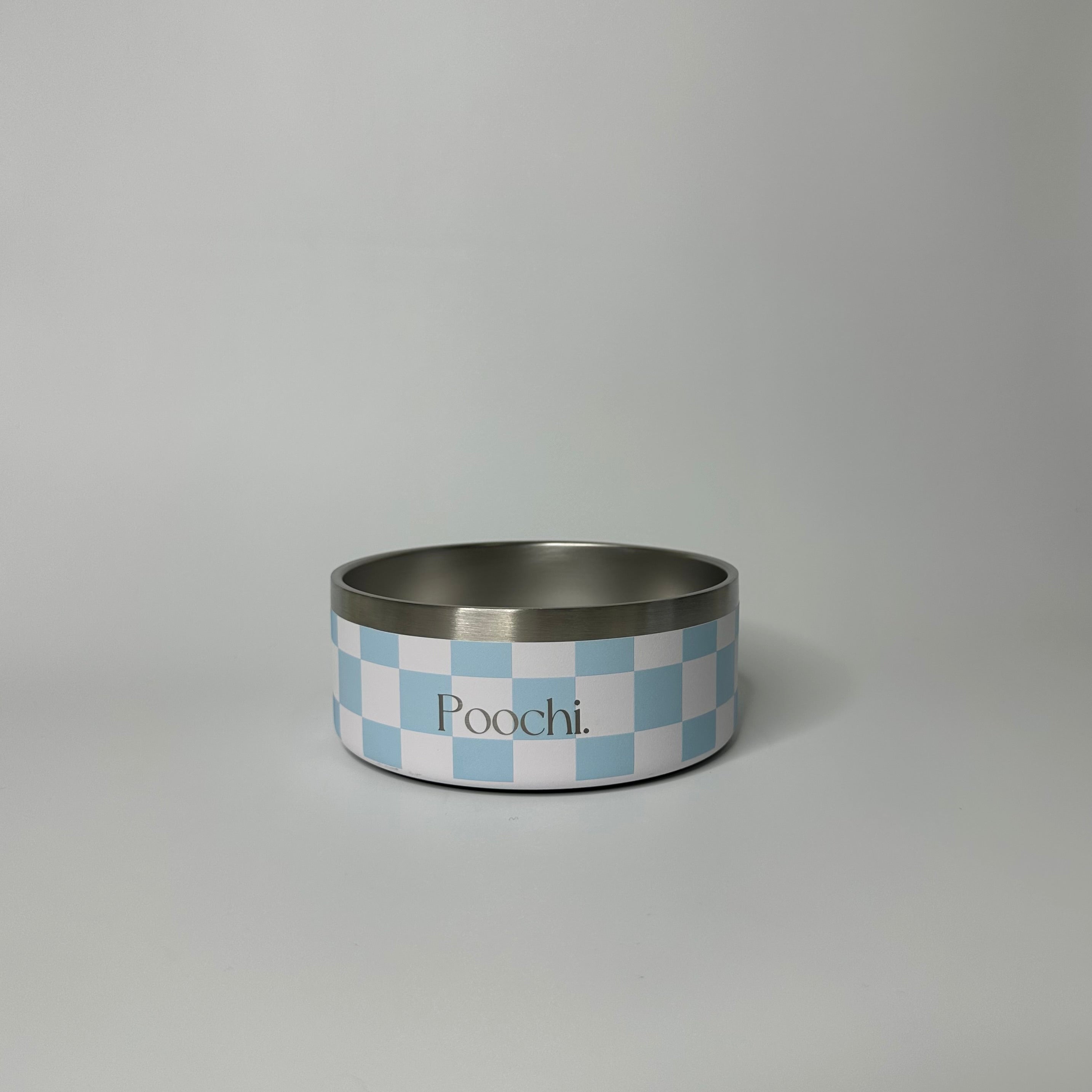 A small stainless steal checkered bowl in blue and white with the brand name 'Poochi' visible on the side.