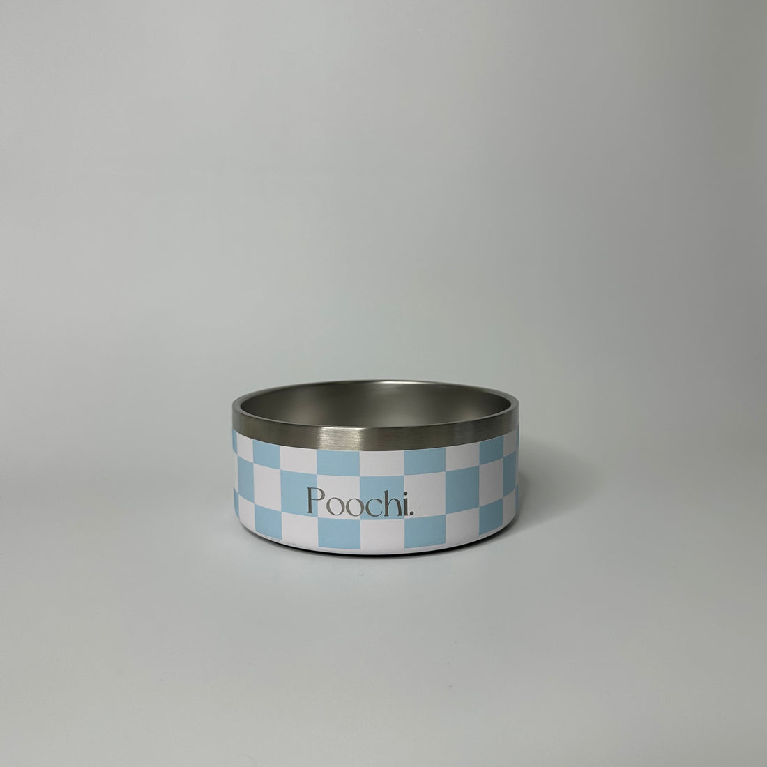 A small stainless steal checkered bowl in blue and white with the brand name 'Poochi' visible on the side.