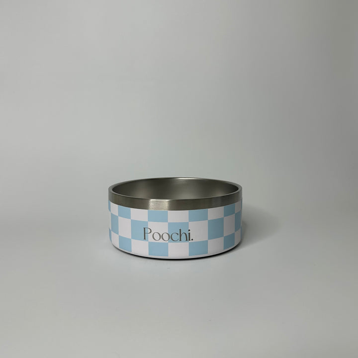 A small stainless steal checkered bowl in blue and white with the brand name 'Poochi' visible on the side.