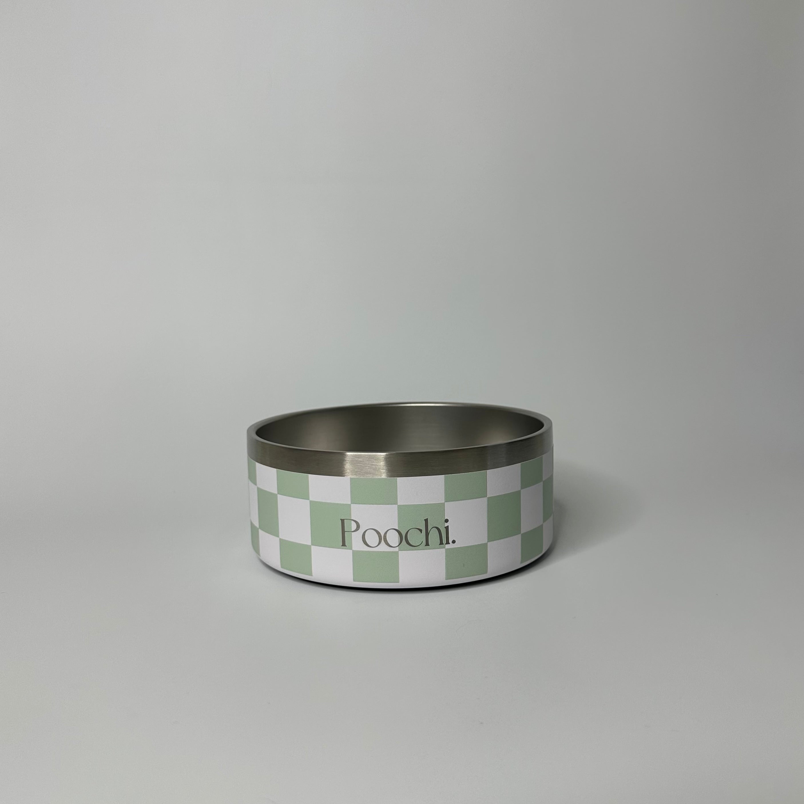A small stainless steal checkered bowl in sage green and white with the brand name 'Poochi' visible on the side.