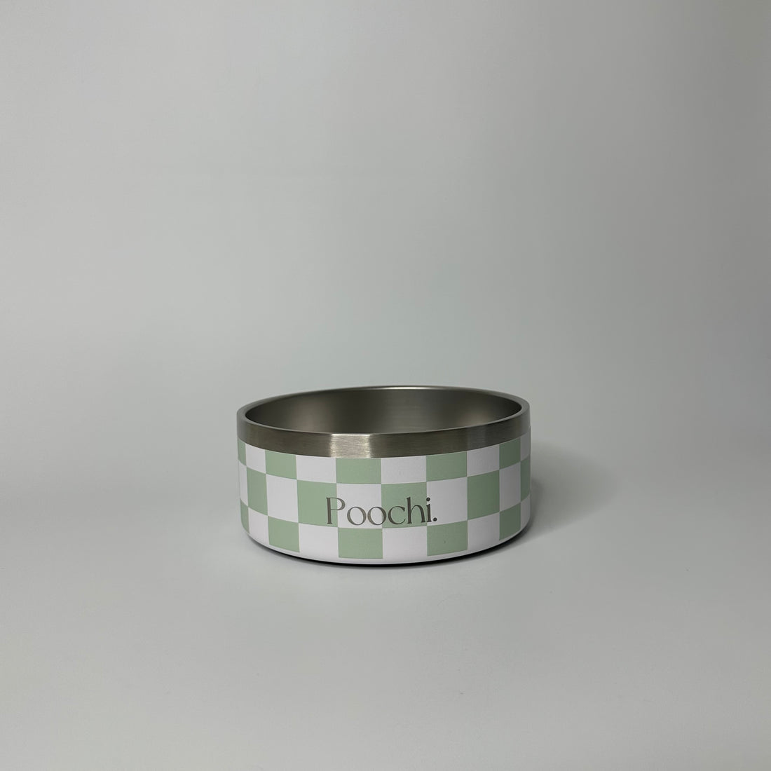 A small stainless steal checkered bowl in sage green and white with the brand name 'Poochi' visible on the side.